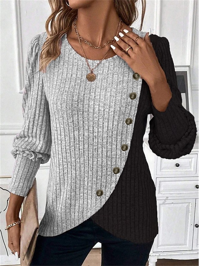  camicetta da donna camicetta elegante top moda color block bottoni manica lunga top regolari scollo rotondo casual rosa blu grigio autunno& inverno