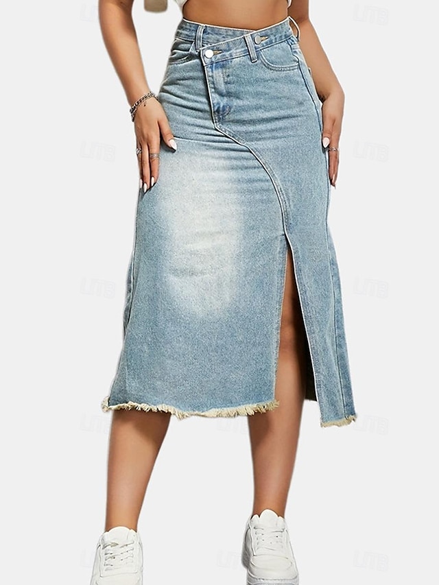  Women's Skirt Denim Midi Skirt Midi High Waist Skirts Pocket Split Ends Solid Colored Street Vacation Summer Denim Fashion Casual Light Blue