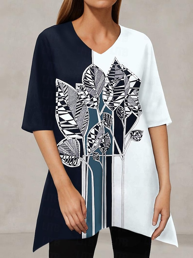 Pentru femei Tricou Frunză Imprimeu Casual Concediu Modă Manșon Jumate În V Negru Primavara vara