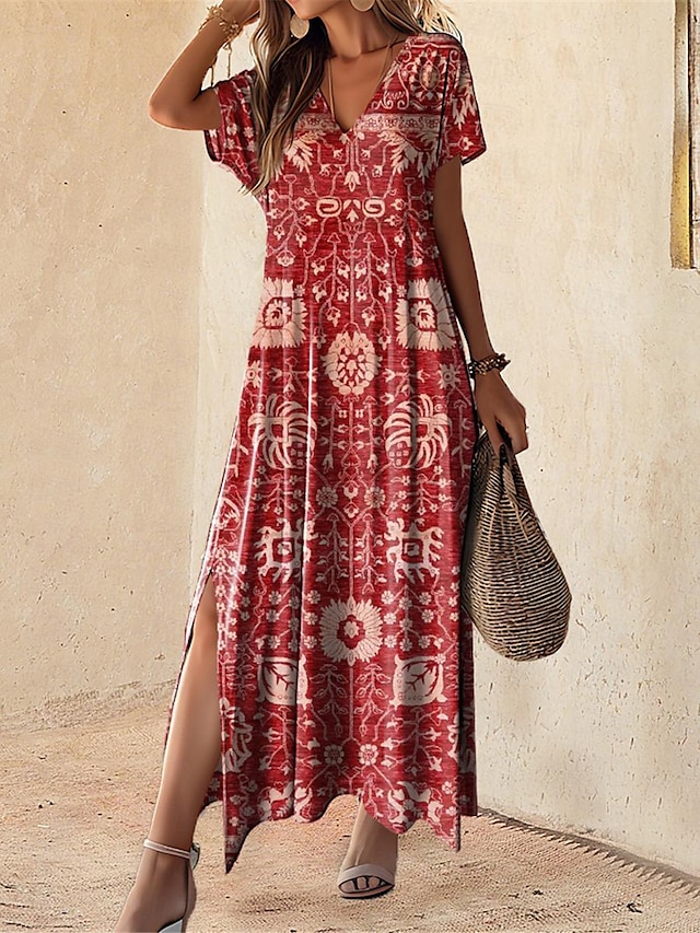  Női Vintage ruha hétköznapi ruha Törzsi Hasított Nyomtatott V-alakú Hosszú ruha Maxi ruha Szüret Etno Vakáció Rövid ujjú Nyár