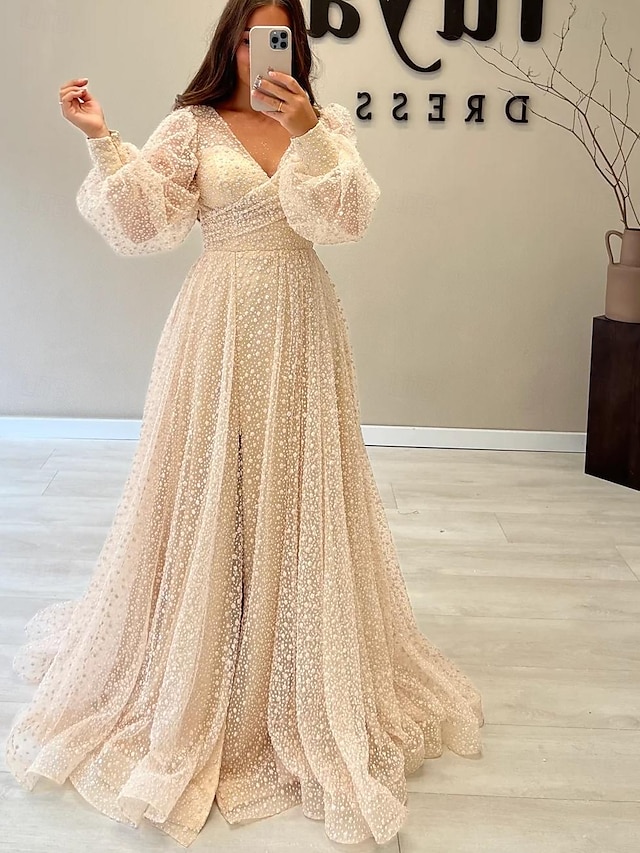  A-Line Prom Dresses Elegant Dress Formal Prom Floor Length Long Sleeve V Neck Sequined with Glitter Sequin 2024