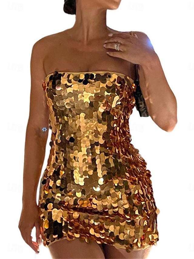  Damen Paillettenkleid abendkleider Cocktailkleid Pailletten Schimmer Trägerlos Ärmellos Minikleid Geburtstag Urlaub Blau Gold Sommer Frühling