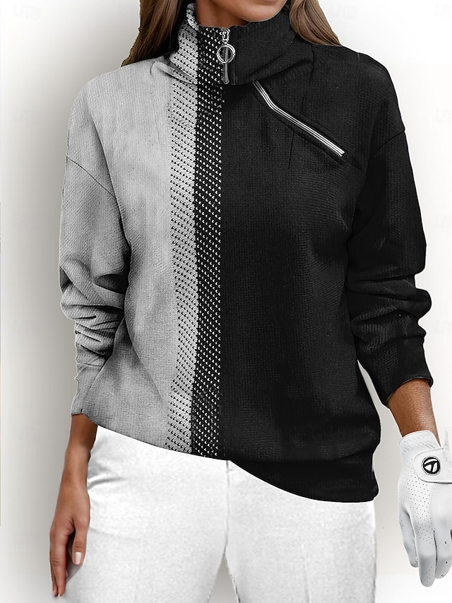  Dam Pullover-tröja Svart Blå Långärmad Håller värmen Överdelar Färgblock Höst Vinter Golfkläder för damer Kläder Outfits Bär kläder