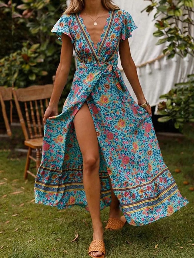  Women's Casual Dress Floral Ruffle Print V Neck Long Dress Maxi Dress Bohemia Vacation Short Sleeve Summer