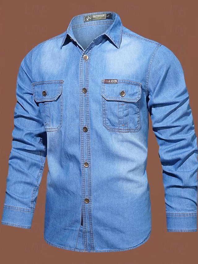  Homme Chemise Chemise décontractée Chemise en jean Bleu Bleu de minuit manche longue Plein Col rabattu Plein Air du quotidien Poche avant Vêtement Tenue Mode Décontractées Confortable