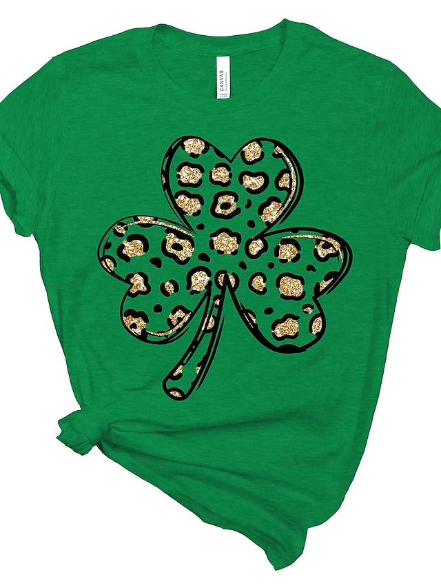  Mulheres Camiseta Algodão Leopardo Trevo Dia de São Patricio Feriado Imprimir Verde Manga Curta Clássico Gola Redonda Leopard Shamrock Shirt St Patricks Day Shirt St. Patrick’s Day Shirt Todas as