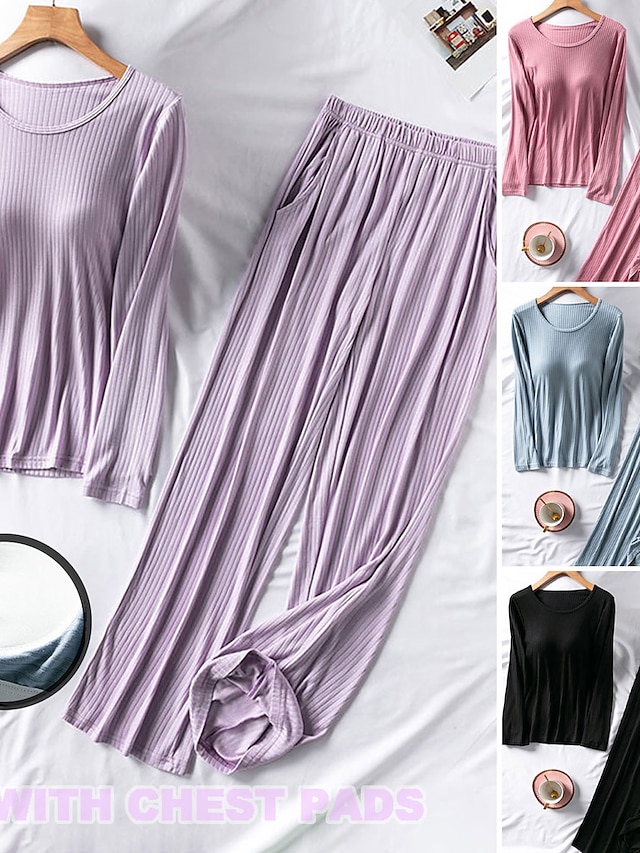  Women's Loungewear Sets Pure Color Fashion Street Going out Airport Modal Breathable Crew Neck Long Sleeve T shirt Tee Pant Chest pads Summer Spring Home Outfits