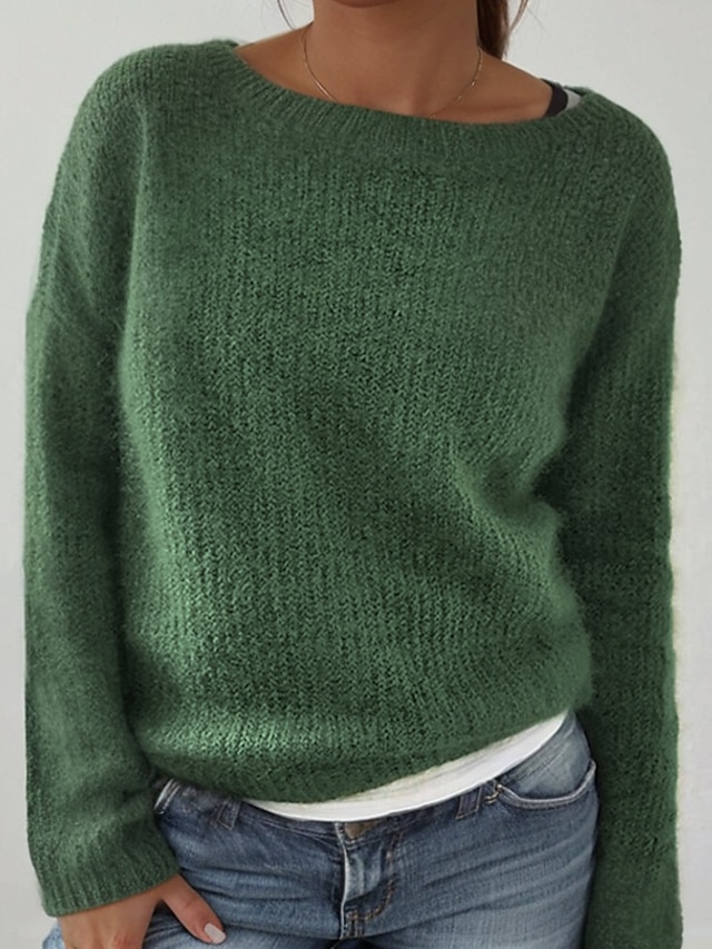  Women's Sweater Pullover Knitted Solid Color Basic Casual Long Sleeve Regular Fit Sweater Cardigans Boat Neck Spring Summer Green Blue Black / Holiday / Going out