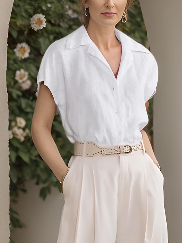  女性用 シャツ ブラウス リネン 平織り カジュアル ボタン ホワイト 半袖 ベーシック 近代の シャツカラー 夏