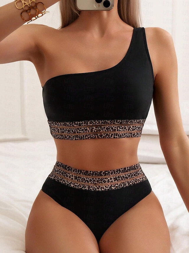  Damen Normal Badeanzug Bikinis 2 Stück Kurze Hosen Bademode 2 teilig Print Leopard Strandbekleidung Urlaub Badeanzüge