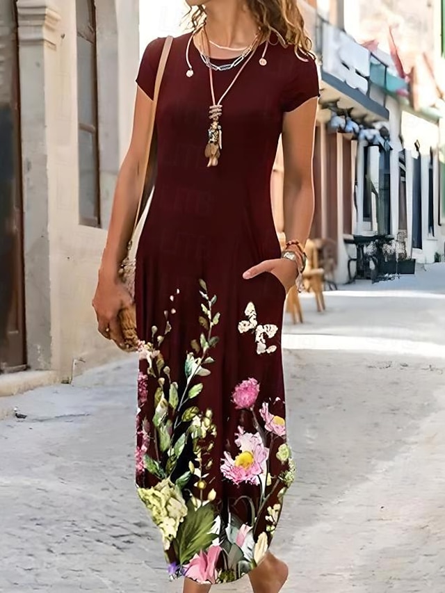  Women's Casual Dress Shift Dress Floral Print Print Crew Neck Maxi long Dress Vintage Casual Daily Vacation Short Sleeve Summer Spring
