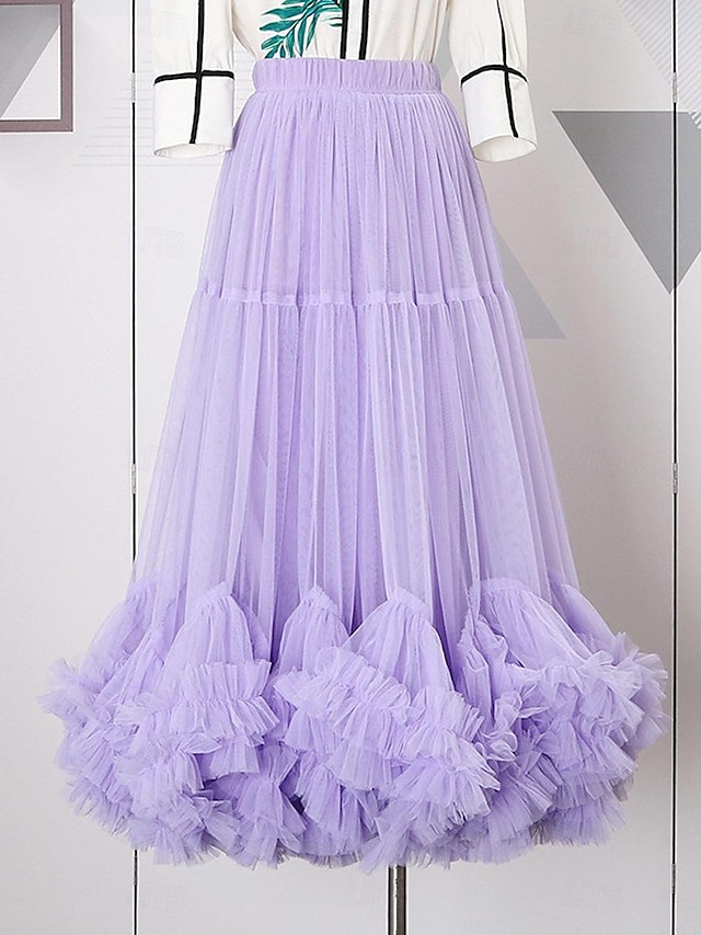  Women's Skirt Swing Maxi High Waist Skirts Ruffle Tulle Solid Colored Date Vacation Summer Polyester Elegant Fashion Black Almond Pink Purple