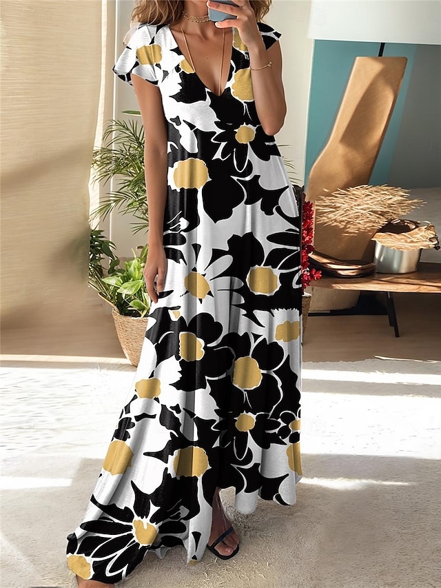  Women's Casual Dress Floral Print V Neck Long Dress Maxi Dress Date Vacation Short Sleeve Summer