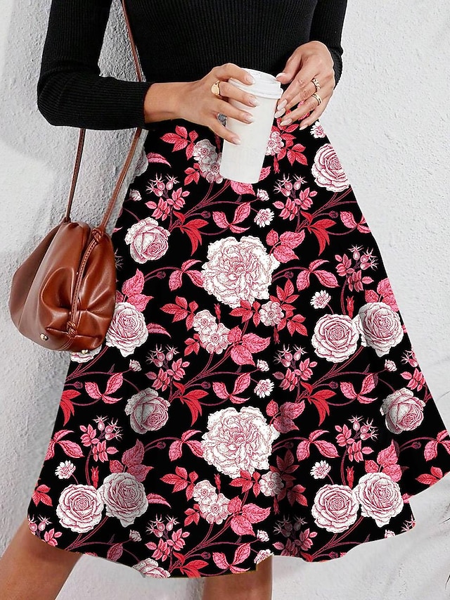  Women's Skirt A Line Swing Knee-length High Waist Skirts Print Floral Valentine's Day Street Summer Polyester Fashion Casual Pink Gold