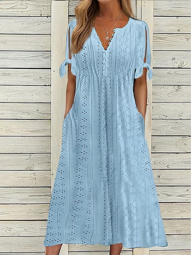  Damen Lässiges Kleid Sommerkleid Faltenkleid Glatt Spitze Rüschen V Ausschnitt Midikleid Modisch Elegant Outdoor Täglich Kurzarm Lockere Passform Weiß Rosa Blau Sommer Frühling S M L XL XXL