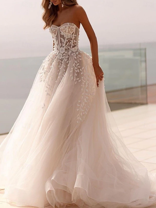 Beach Open Back Formal Wedding Dresses Ball Gown Sweetheart Sleeveless Sweep / Brush Train Tulle Bridal Gowns With Appliques Solid Color 5