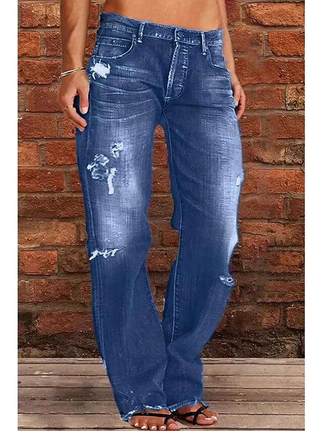  femme jeans maman taille basse effet vieilli droit pleine longueur denim poche déchiré taille basse décontracté lounge casual quotidien noir bleu marine s m