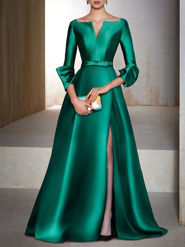  Γραμμή Α Βραδινά φορέματα Κομψό Φόρεμα Επισκέπτης γάμου Κοκτέιλ Πάρτι Μακρύ 3/4 Μήκος Μανικιού Λαιμόκοψη V Σατέν με Φόρεμα 2024