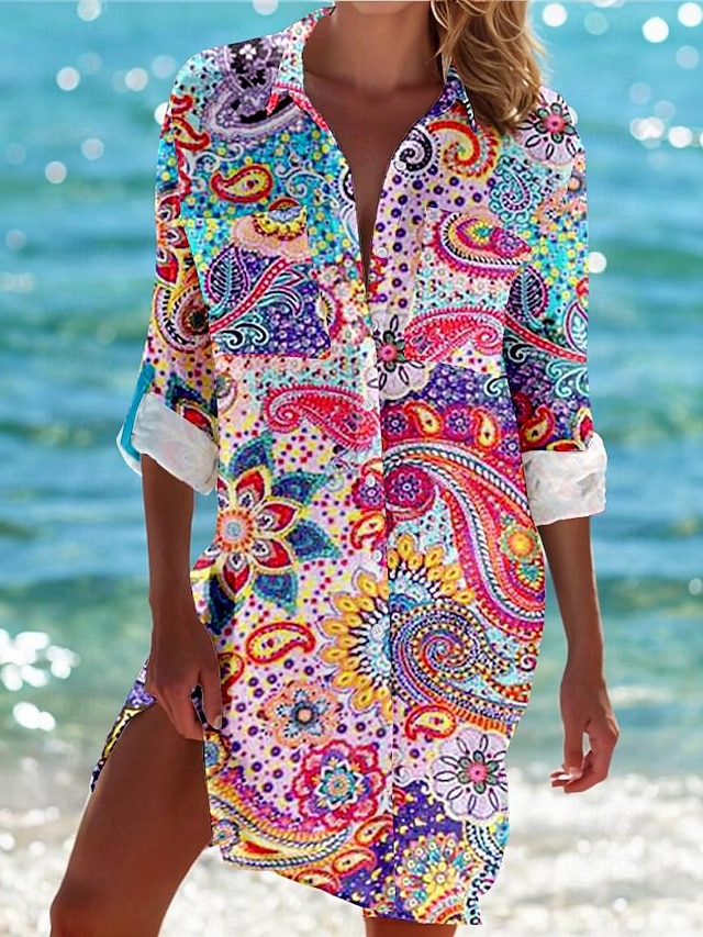  Hawaiihemd Damen Hemd Bluse Paisley-Muster Casual Festtage Strand Taste Bedruckt Rosa Langarm Urlaub Hawaiianisch Strand Design Hemdkragen Frühling & Herbst