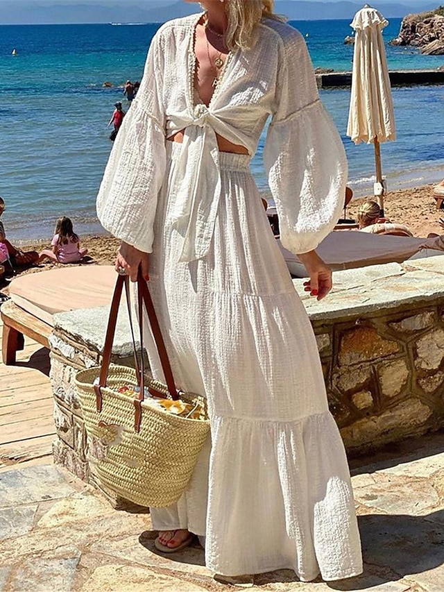 Women's Dress Set White Dress Swing Dress Boho Plain Lace up Ruffle Long Dress Maxi Dress Long Sleeve V Neck Vacation Beach White Summer Spring Regular Fit 5