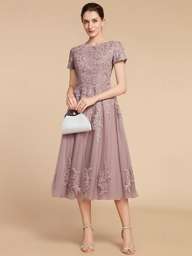  A-Line Mother of the Bride Dress Wedding Guest Elegant Petite Jewel Neck Tea Length Lace Tulle Short Sleeve with Ruching Flower 2024