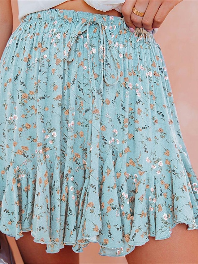  Women's Skirt A Line Swing Mini High Waist Skirts Ruffle Drawstring Print Floral Daily Holiday Summer Polyester Fashion Bohemian Casual Pink Blue