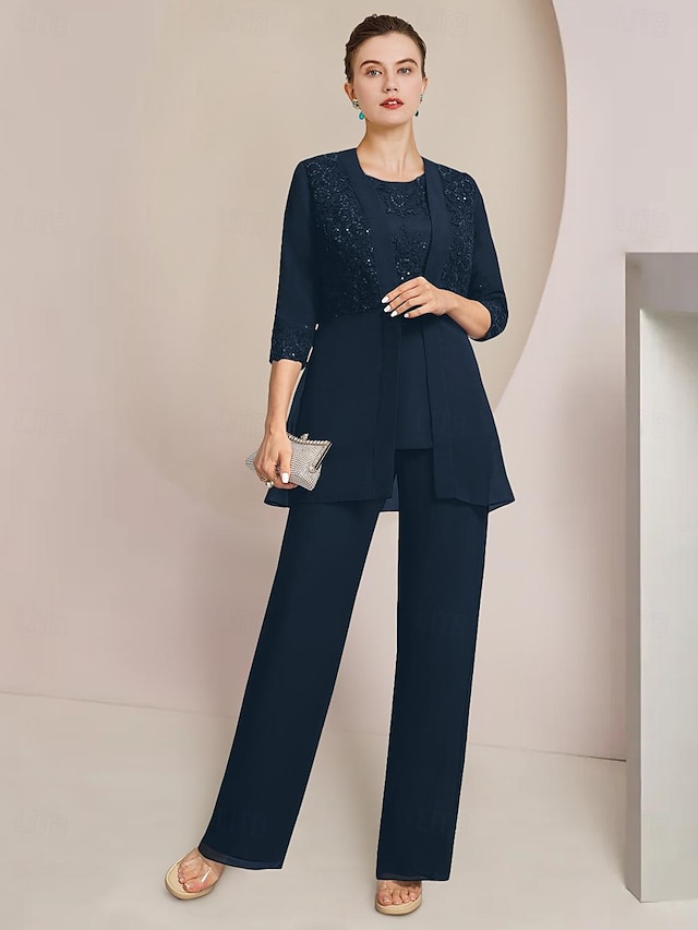  Jumpsuit / Pantsuit 3 Piece Mother of the Bride Dress Formal Wedding Guest Elegant Scoop Neck Floor Length Chiffon Lace Sequined 3/4 Length Sleeve with Lace Sequin 2024