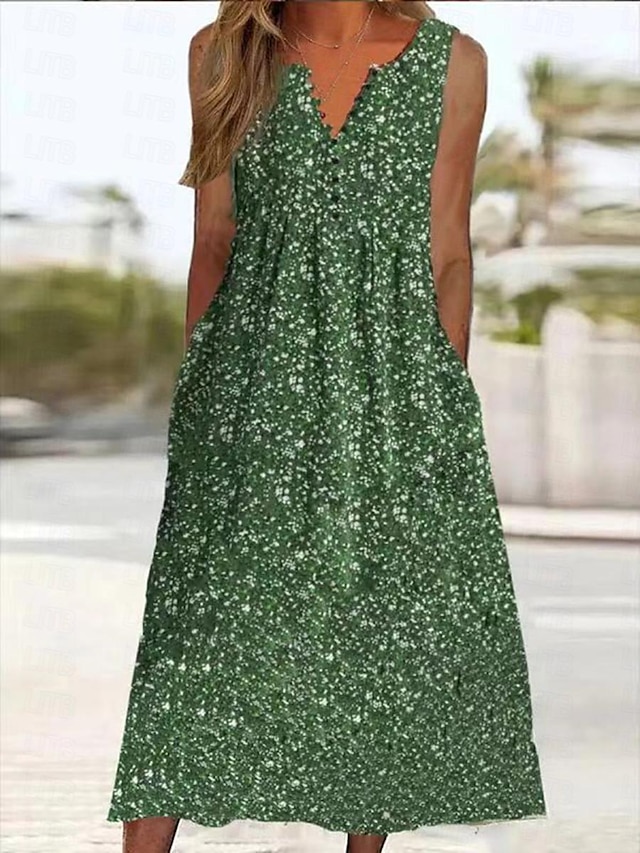  női patchwork gomb vintage ruha hosszú ruha maxi ruha virágos v nyak ujjatlan nyári tavaszi zöld