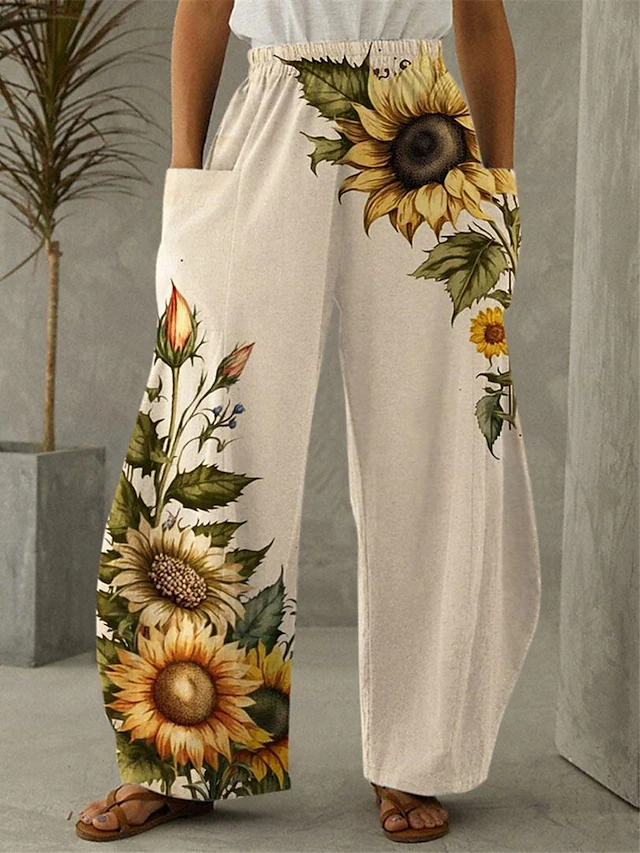 Women's Wide Leg Chinos Pants Trousers Active Fashion Full Length High Waist Sunflower Pocket Print High Cut Outdoor Comfortable Breathable Micro-elastic Street Daily Wear Khaki Spring Regular Fit 7