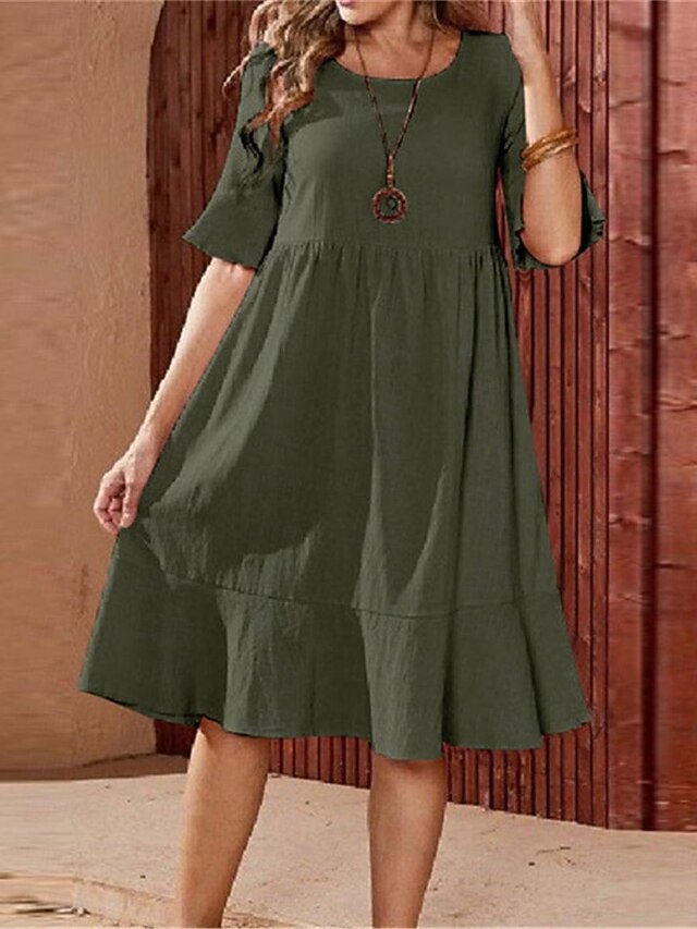 Women's ArmyGreen Pink Navy Blue Summer Spring Midi Dress Cotton Linen Dresses Casual Dress Cotton Summer Dress Basic Modern Daily Weekend Loose Fit Plain Crew Neck 7