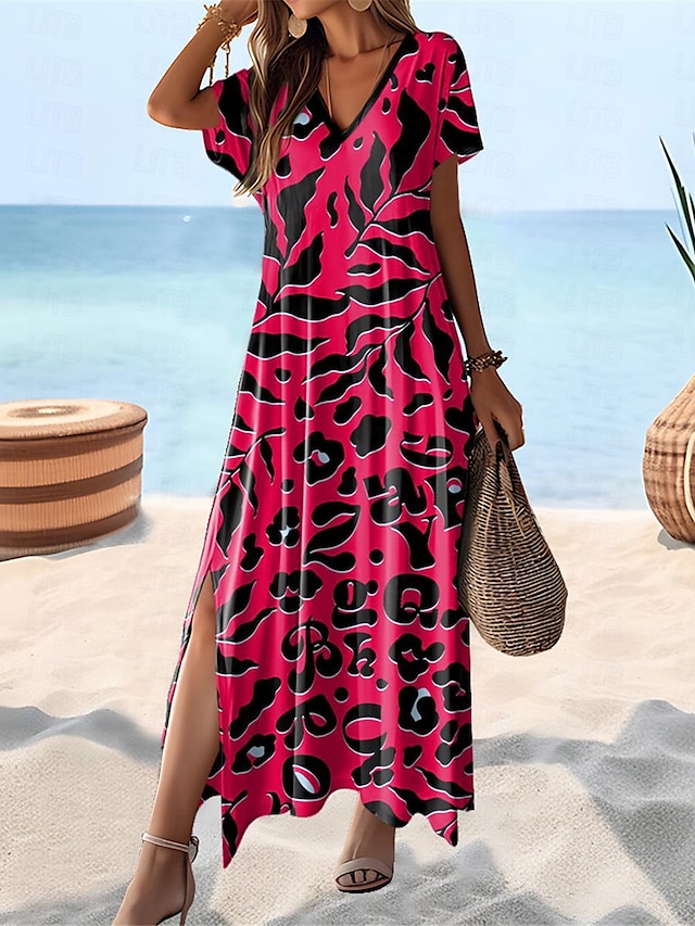  Damen Casual kleid Blatt Leopard Gespleisst Bedruckt V Ausschnitt kleid lang Urlaub Kurzarm Sommer