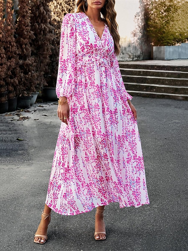  Women's Chiffon Casual Dress Floral Print V Neck Long Dress Maxi Dress Bohemia Vacation Summer Spring