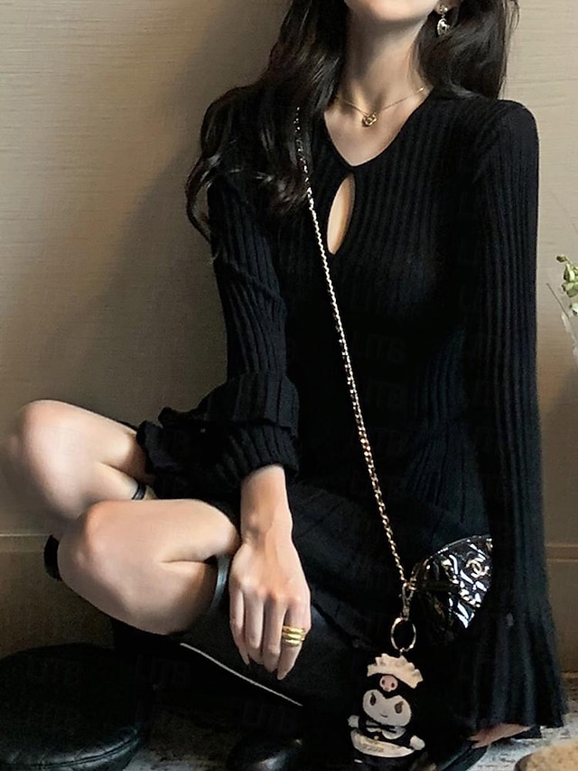  Mujer Vestido de Punto Mini vestido Plisado Cita Vacaciones Línea A Cuello Barco Manga Larga Negro Color