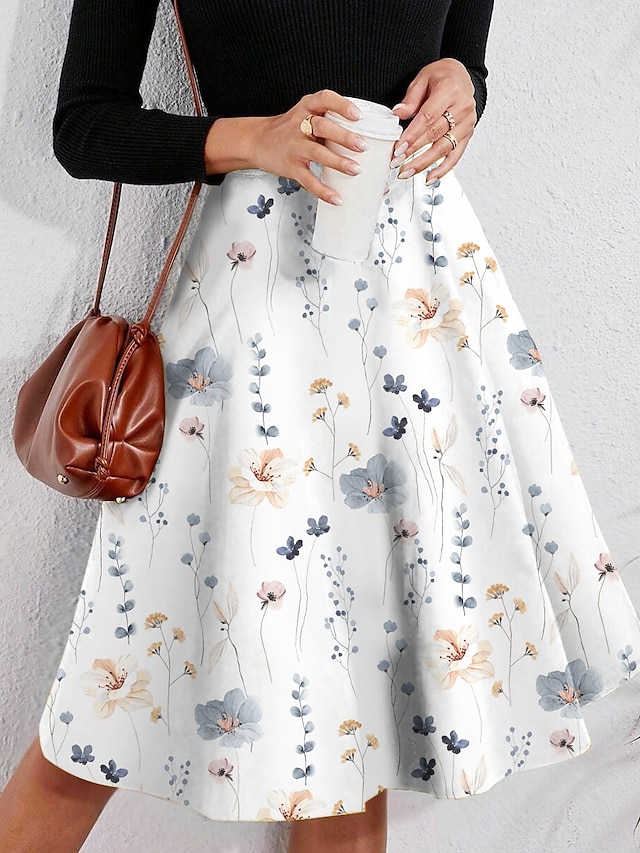  Femme Jupe Trapèze Balançoire Mi-long Taille haute Jupes Imprimer Floral Plein Air du quotidien Eté Polyester Mode Décontractées Blanche Rose Claire