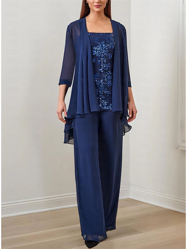 Pantsuit 3 Piece Mother of the Bride Formal Wedding Guest Elegant Square Neck Floor Length Chiffon Sequined 3/4 Length Sleeve with Sequin Appliques 9