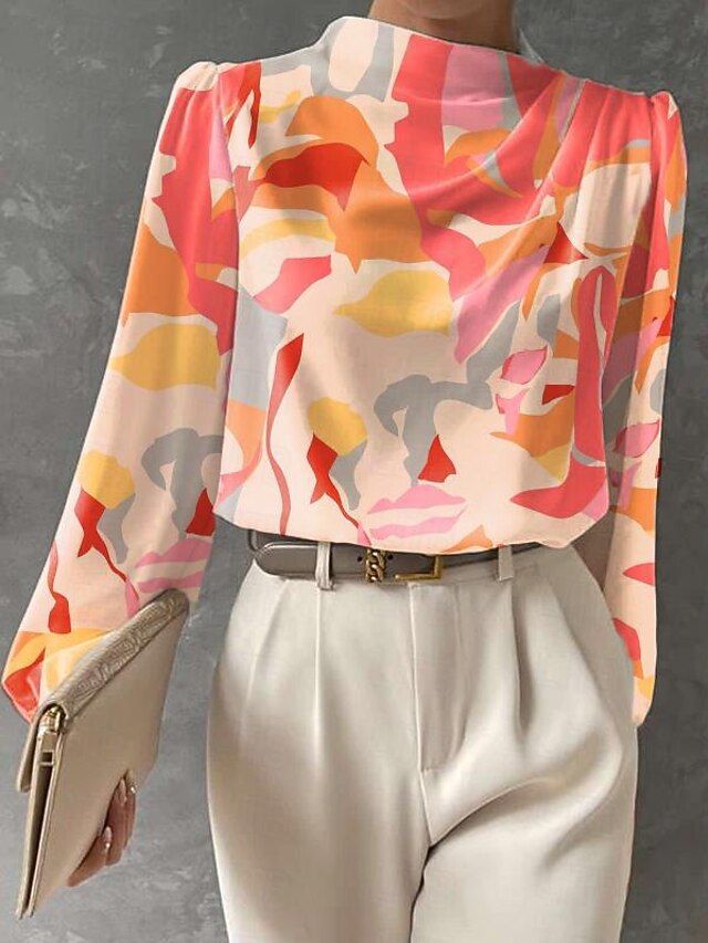 Women's Blouse Long Sleeve Fashion Print Regular Tops Crew Neck Work Yellow Pink Red Spring &  Fall4