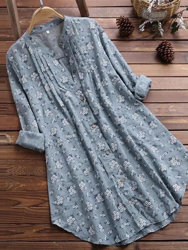 White Cotton Shirt With Blue Floral Print For Women