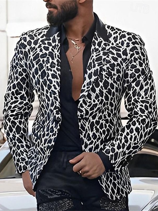  Herr Kavaj Företag Cocktailfest Bröllopsfest Mode Ledigt Vår & Höst Polyester Leopard Knapp Ficka Bekväm Enkelknäppt Blazer Svart