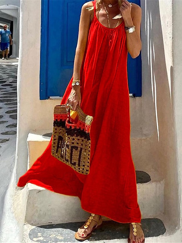  Femme Robe casual Robe à Bretelles robe boheme Robe Maxi Lin Dos Nu Bohême basique du quotidien Bretelles Fines Sans Manches Eté Printemps Jaune Rouge Plein