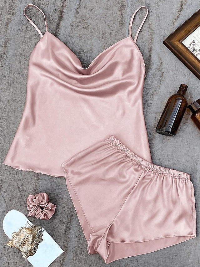 Women's Pajamas Sets 3 Pieces Pure Color Fashion Lovers Comfort Home Daily Bed Satin Silk Breathable Straps Sleeveless Strap Top Shorts Backless Elastic Waist Summer Spring Home Outfits 12