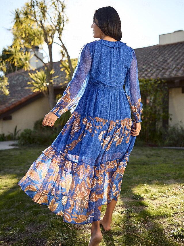 chiffon tropische bloemen boho jurk met pofmouwen 2025 GBP