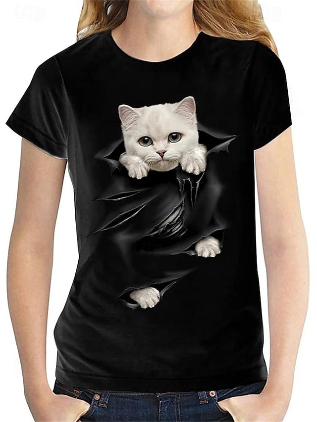  Damen T Shirt Katze Bedruckt Täglich Wochenende Modisch Lustig Kurzarm Rundhalsausschnitt Schwarz Frühling Sommer