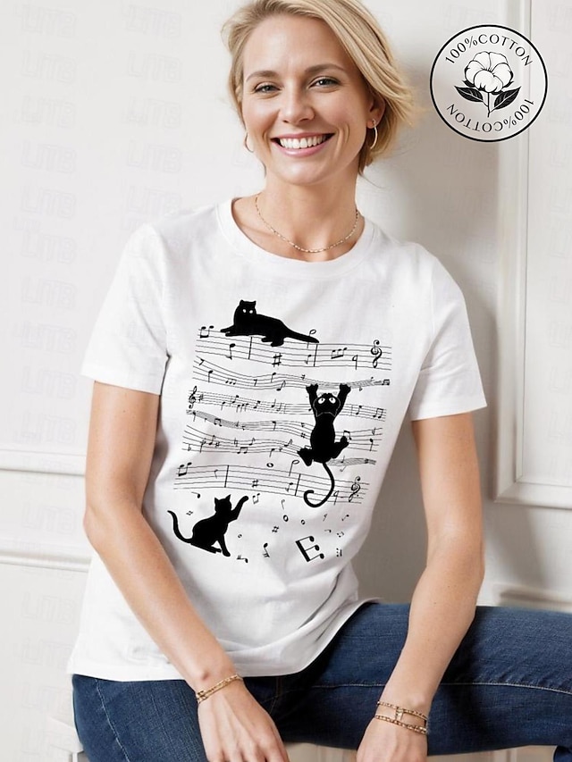  Damen T Shirt 100% Baumwolle Katze Täglich Wochenende Bedruckt Weiß Kurzarm Modisch Rundhalsausschnitt Sommer