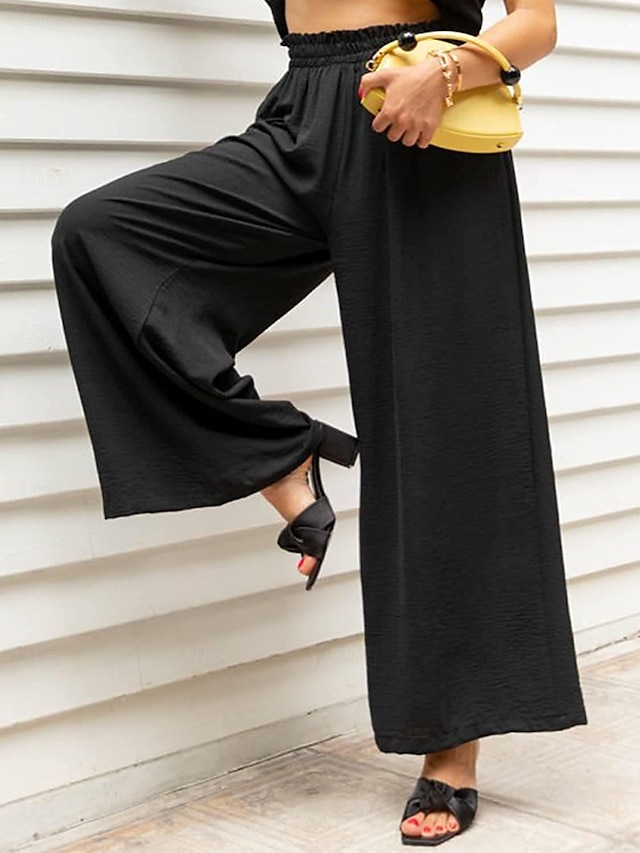  Γυναικεία Λεπτό Κολάν Πλαϊνές τσέπες Πλατύ Πόδι Ψηλή Μέση Μακρύ Μαύρο Ανοιξη καλοκαίρι