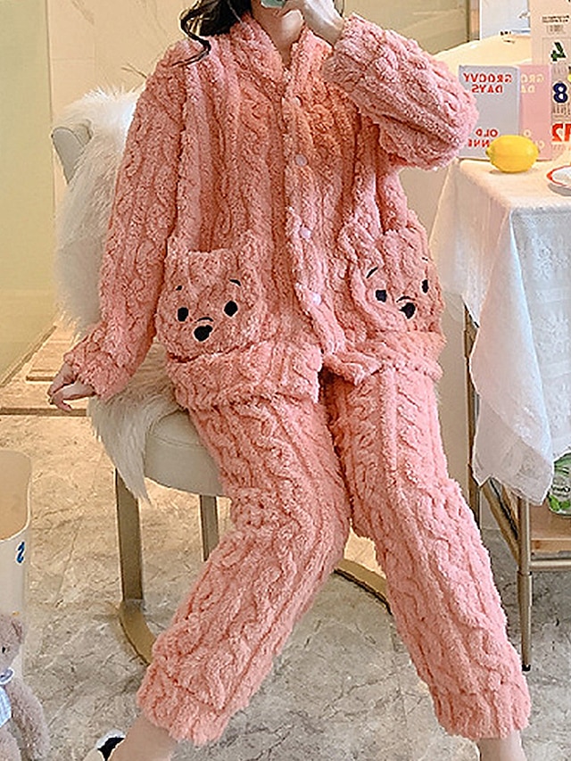  Women's Fleece Fluffy Fuzzy Warm Pajamas Sets Animal Warm Casual Comfort Home Bed Flannel Warm Breathable V Wire Long Sleeve Shirt Pant Button Pocket Fall Winter White Yellow