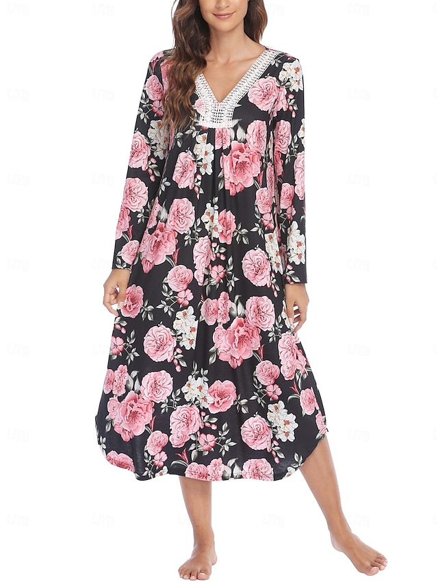  Women's Casual Dress Night Dress Midi Dress Daily Casual Print Lace Floral V Neck Home Lounge Black White 2023 Summer S M L XL