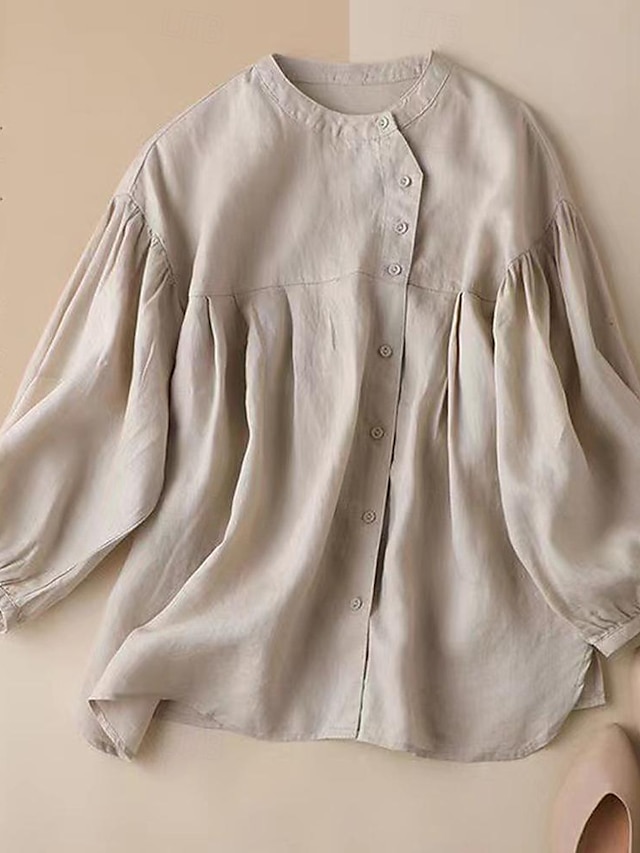  Camicia camicia di lino Blusa Top lunghi in cotone Per donna Cachi Beige Tinta unica Pulsante Strada Giornaliero Di tendenza Rotonda Cotone Lino Standard M