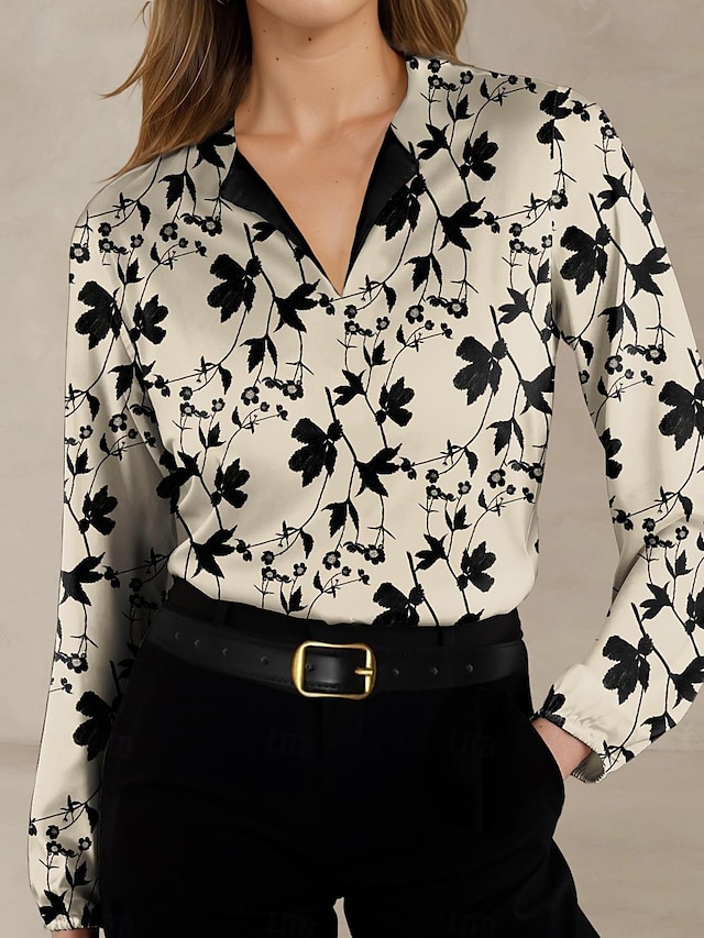  Women's Shirt Blouse Floral Print Casual Holiday Fashion Long Sleeve V Neck White Spring &  Fall