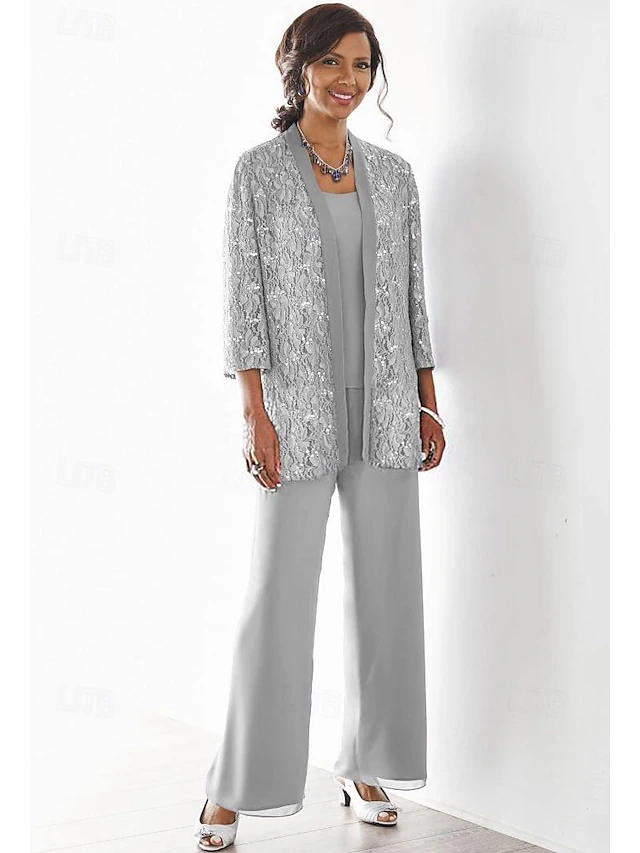 Beach Wedding 3 Piece Mother of the Bride Wedding Guest Party Sparkle & Shine Scoop Neck Ankle Length Chiffon Lace 3/4 Length Sleeve with Sequin Solid Color 16