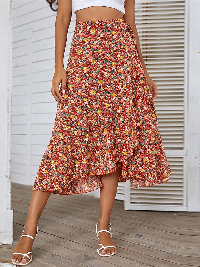  Women's Skirt A Line Wrap Skirt Bohemia Midi High Waist Skirts Ruffle Floral Print Floral Casual Daily Weekend Summer Polyester Fashion Casual Boho Wine Navy Blue